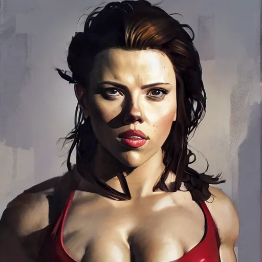 Prompt: greg manchess portrait of scarlett johansson as roided thick female bodybuilder lara croft, fantasy, medium shot, asymmetrical, profile picture, organic painting, sunny day, matte painting, bold shapes, hard edges, street art, trending on artstation, by huang guangjian and gil elvgren and sachin teng