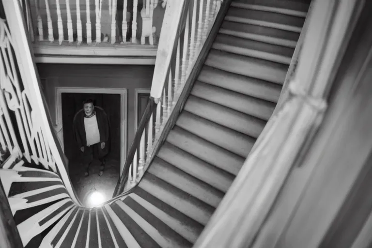 Image similar to standing at the top of stairs in a house, looking down over the shoulder at the ghost of a man at the bottom