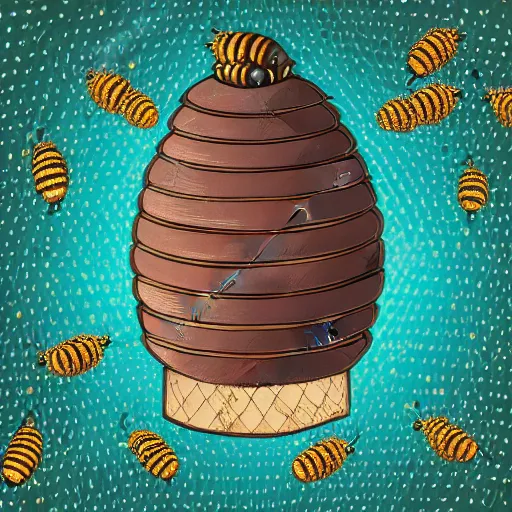 Image similar to vector illustration of a beehive hanging from a tree, with little bees coming out of it, 4 k, sharp details
