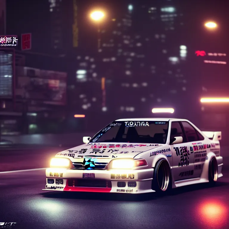 Image similar to Toyota JZX100 Drift, detailed-wheels, Shibuya prefecture, cinematic lighting, photorealistic, night photography, octane render