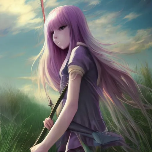 Prompt: girl with purple long hair holding a sword, serious, extremely detailed, made by wlop, studio ghibli, artgerm, full body portrait, illustration, grass, sunny, sky, anime, side view, perfect anime face, detailed face, zoomed out,