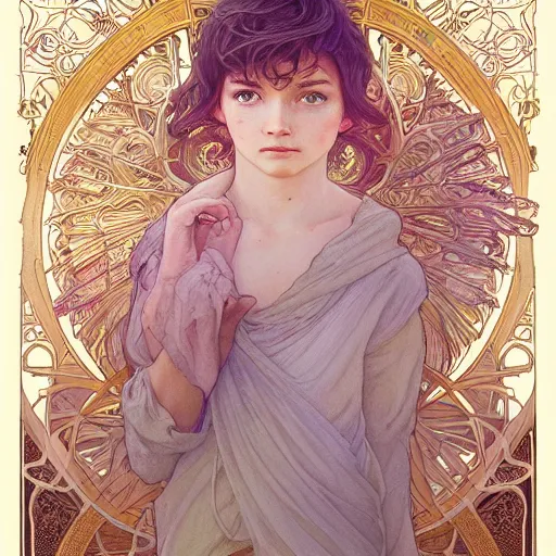 Image similar to an angelic boy, highly detailed, very intricate, art nouveau, gold filigree, romantic storybook fantasy, soft cinematic lighting, award winning, disney concept art watercolor illustration by mandy jurgens and alphonse mucha and alena aenami, pastel color palette, featured on artstation