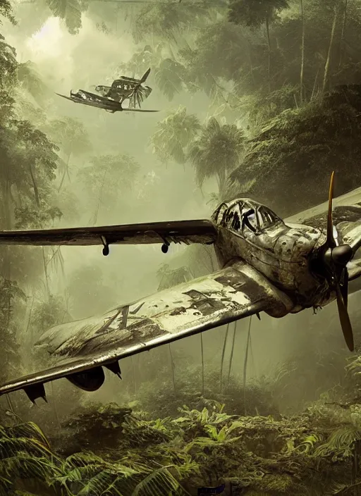 Prompt: World war airplane wreck in an exotic jungle, Dynamic lighting, cinematic, establishing shot, extremely high detail, photo realistic, cinematic lighting, pen and ink, intricate line drawings, post processed, concept art, artstation, matte painting, style by Raphael Lacoste, Eddie Mendoza