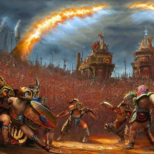 Image similar to arena gladiator battle to cheering crowd on ancient post - apocalyptic planet, jim henson creature shop, vivid and colorful, thomas kincaid, cinematic, oil painting, highly detailed, illustration