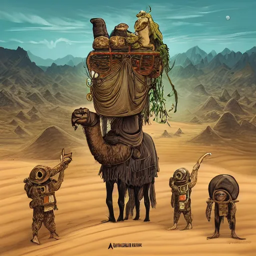 Prompt: several stoner merchants in robes with integrated bong gas mask appliances, carrying bales of herbs across an alien desert with camel-like creatures in tow. Album art by Arik Roper