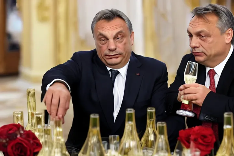 Prompt: viktor orban drinking champagne with putin in front a burning city