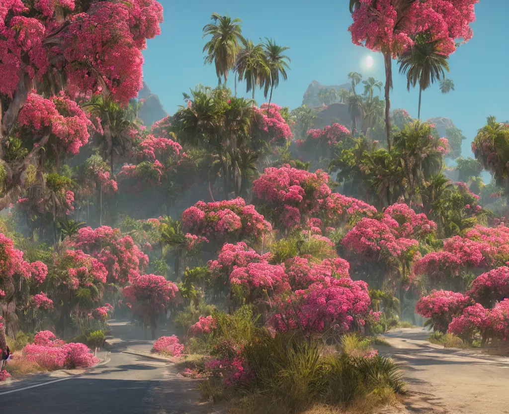 Prompt: a very beautiful scene, ambient occlusion render. desert road with bougainvillea, ruins, hyperrealistic, 4 k. wide angle. wild. deep focus, lovely scene. concept art. unreal engine.