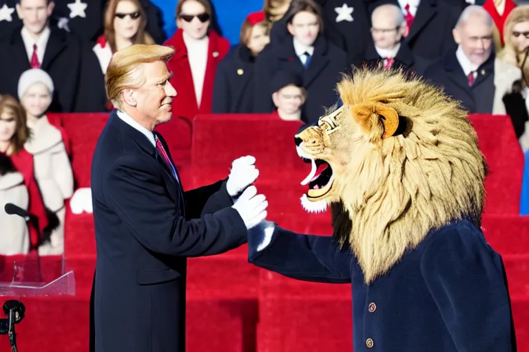 Image similar to photo of the usa presidential inauguration, a lion fursuiter being inaugurated as president