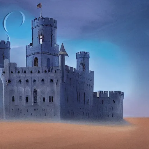 Prompt: A digital concept art painting of a dark blue medieval european castle in desert