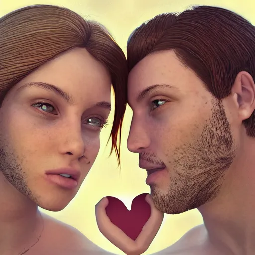 Image similar to perfectly centered symmetrical split male and female portrait of man and woman in love sharing one heart ; 3 d render by lilia alvarado, photorealistic, highly detailed ; octane ; unreal engine ; trending on artstation