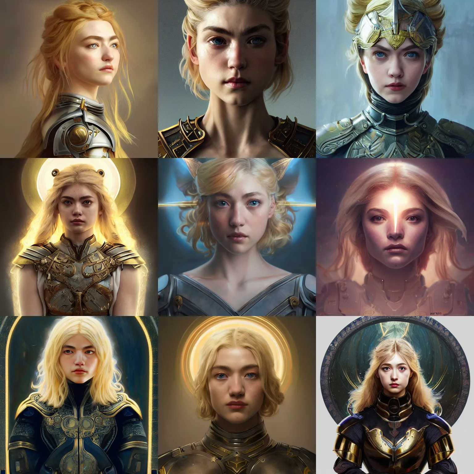 Prompt: masterpiece head-on symmetrical centered painted portrait, Imogen Poots as a holy warrior, blonde hair, holy light halo, glorious, wearing full metal armour, elegant, distant, in the style of Ruan Jia and Artgerm and Edgar Maxence and Ross Tran and Michael Whelan and Mucha, 8k, octane render