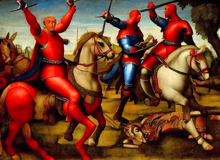 Prompt: a renaissance painting of a war between knights in red armor riding horses and drow warriors riding giant spiders, by raphael, great masterpiece, award winning historic painting, dynamic composition