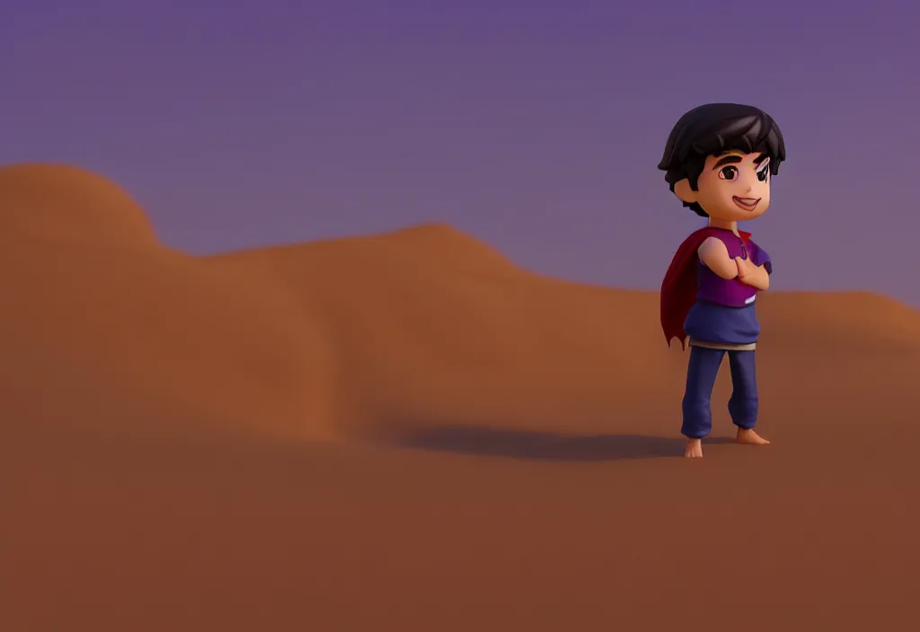 Image similar to profile view of arabic young aladdin as nendoroid walking in a desert, 8 k, hd, dof, kodak film, volumetric lighting, subsurface scattering, photorealistic, octane render