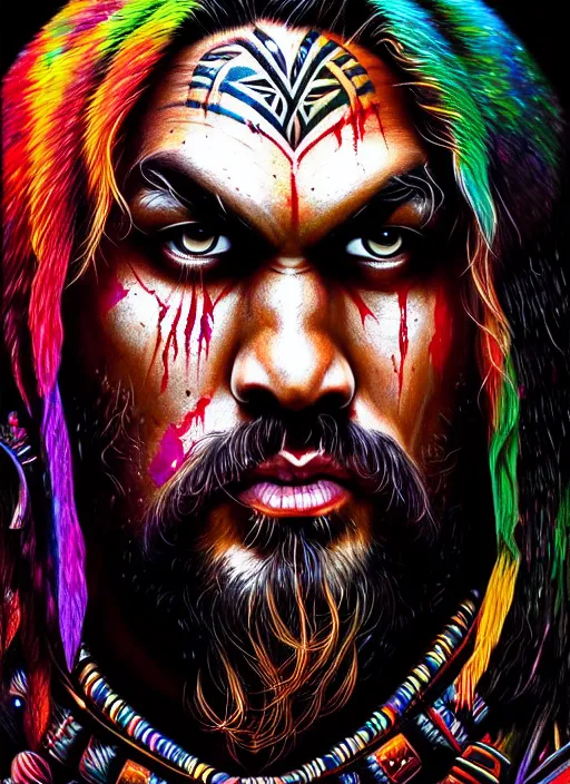 Image similar to portrait of jason momoa, hyper detailed ultra sharp aztec shaman warrior. trending on artstation, warpaint aesthetic, bloodwave, colorful, psychedelic, ornate, intricate, digital painting, concept art, smooth, sharp focus, illustration, art by artgerm and greg rutkowski and h. r. giger, 8 k