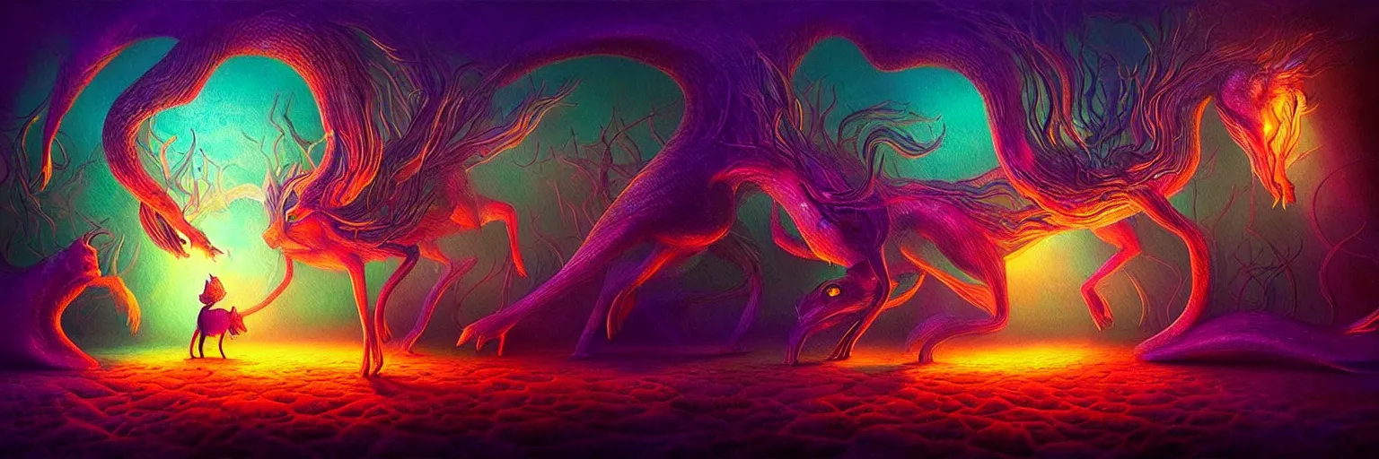 Image similar to microscopic mythical creatures from the depths of the collective unconscious, dramatic lighting with shallow dof, surreal darkly colorful painting by ronny khalil