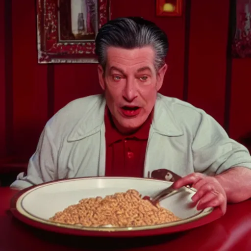 Image similar to a film still of bob from twin peaks eating cereal in the red room, cinematic lighting, high resolution, 4 k