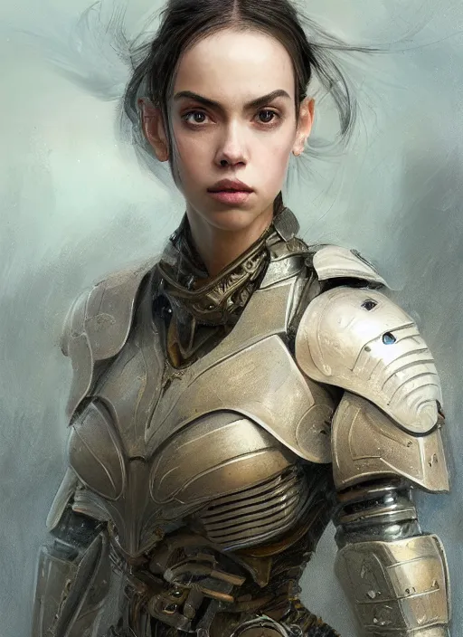 Image similar to a professional portrait of a beautiful young female, clothed in ethereal battle armor, olive skin, long dark hair, beautiful bone structure, symmetrical facial features, intricate, elegant, digital painting, concept art, smooth, sharp focus, finely detailed, illustration, from Valerian and the City of a Thousand Planets, in the style of Ruan Jia and Mandy Jurgens and Artgerm and Greg Rutkowski and William-Adolphe Bouguerea