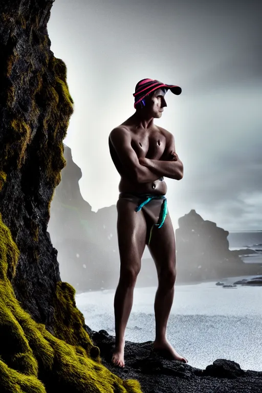 Prompt: an ultra high definition professional high fashion portrait studio full length photograph of a tarzan wearing a transparent pearlescent raincoat and neon visor in an icelandic black rock environment at dawn. no artefacts. extremely detailed. stark. refraction. shallow depth of field. volumetric light and shadow. ray tracing. light rays.