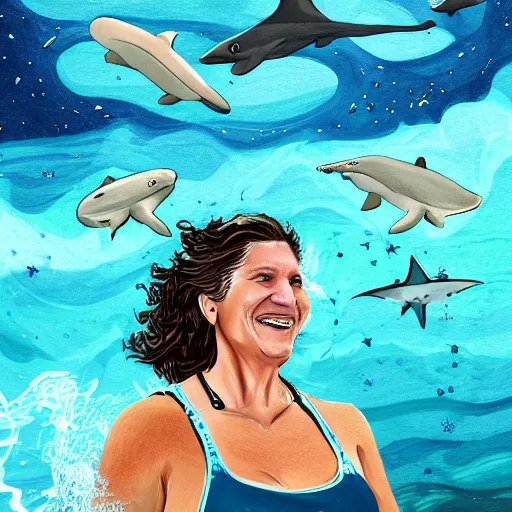 Image similar to digital art, trending on artstation, an athletic woman in her fifties with curly brown hair, swimming smiling in the middle of a rough sea surrounded by sharks, above her, in the night sky there is a star.