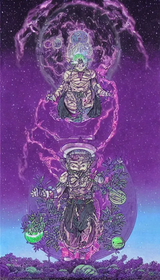 Prompt: a future scifi ancient god on the middle of a purple forest holding a portal that's about to explode, illustration, art by Akira Toriyama