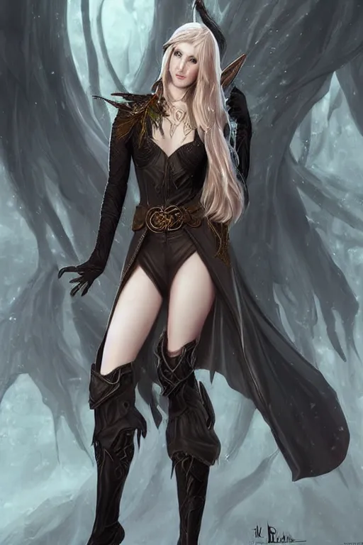 Image similar to a beatiful female elven priestess wearing thigh high black leather boots, hyperrealistic detailed digital art in the style of Charlie Bowater