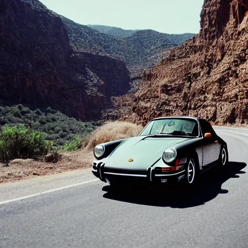 Prompt: cinematic photos of a porsche 9 1 1 9 6 4 cruising through a canyon