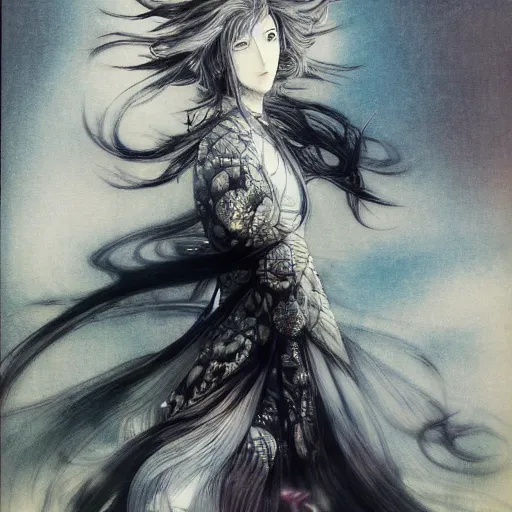 Image similar to yoshitaka amano blurred and dreamy realistic illustration of a japanese woman with black eyes, wavy white hair fluttering in the wind wearing elden ring armor with engraving, abstract patterns in the background, satoshi kon anime, noisy film grain effect, highly detailed, renaissance oil painting, weird portrait angle, blurred lost edges, three quarter view