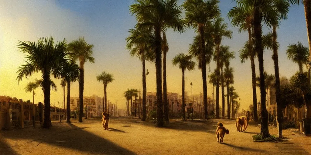 Image similar to golden retriever dog walking in tel aviv street looking at the camera. palm trees. realistic. sunset. high quality. digital art. watercolor. highly detailed. drawing. art. colorful. fluffy art by albert bierstadt