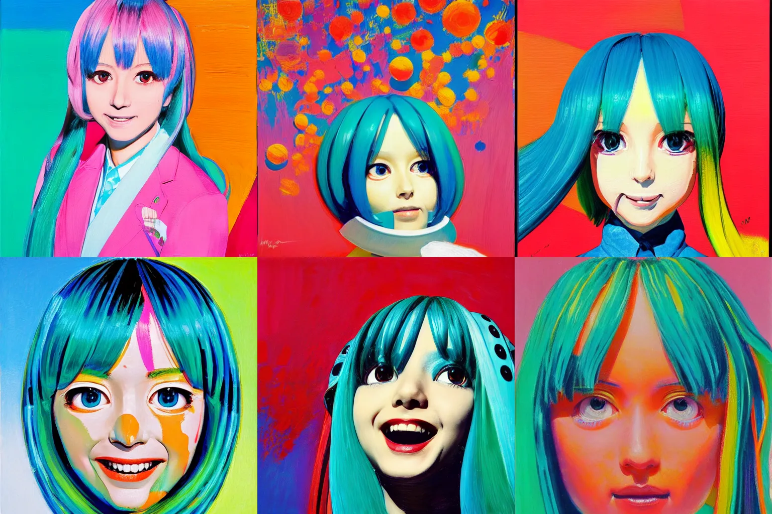 Prompt: a portrait of Hatsune miku by Wayne Thiebaud, painting by Wayne Thiebaud, heavy pigment, colourful, live-full, heavy impasto technique, anime style, big eyes