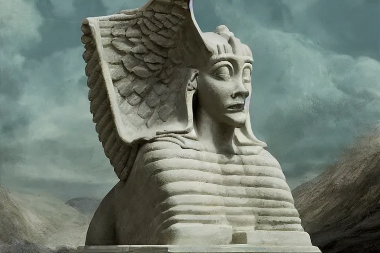 Prompt: white marble in shape of a winged sphinx on a pedestal was of bronze and was thick with verdigris the face was towards camera with a faint shadow of a smile on the lips and it was greatly weather-worn, game art matte painting