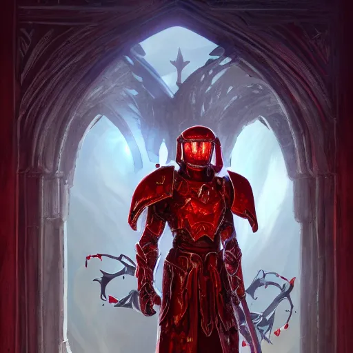 Image similar to blood knight, glowing halo, fantasy art, red intricate armor, located in a castle, morning sunlight through the window, decorated, high quality, highly detailed, 4 k