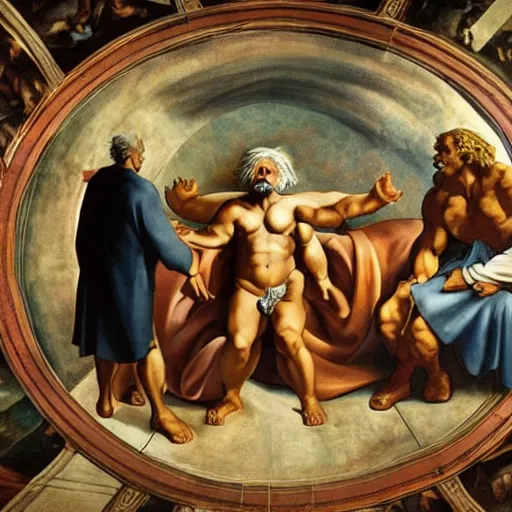 Image similar to Einstein talking with Thor and Prometheus about nuclear physics, in the style of the cistine chapel by Michelangelo