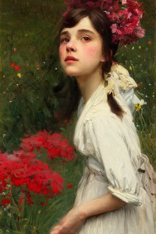 Image similar to Solomon Joseph Solomon and Richard Schmid and Jeremy Lipking victorian genre painting portrait painting of an elegant slim young cottagecore girl in an open field of flowers, red background