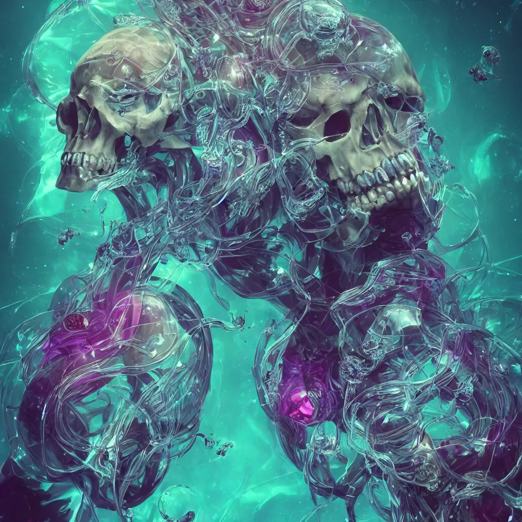 Image similar to close-up portrait goddess skull, thorax, x-ray, backbone, jellyfish phoenix head, nautilus, orchid, betta fish, bioluminiscent creatures, dark deep complex air bubbles in background, intricate artwork by Tooth Wu and wlop and beeple. octane render, trending on artstation, greg rutkowski very coherent symmetrical artwork. cinematic, black and white, contrast, hyper realism, high detail, octane render, 8k