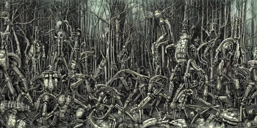 Prompt: 10000 robots fighting in the forest H.R. Giger. high details. photorealistic