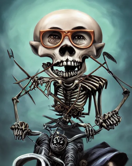 Prompt: An epic fantasy comic book style portrait painting of a skeleton killer, very expressive, riding a chopper, with a girl with light blue piercing eyes, round face, glasses, blonde medium hair, wearing a green shirt and comfy pants, sitting behind the skeleton, character design by Mark Ryden and Pixar and Hayao Miyazaki, unreal 5, DAZ, hyperrealistic, octane render, cosplay, RPG portrait, dynamic lighting, intricate detail, summer vibrancy, cinematic