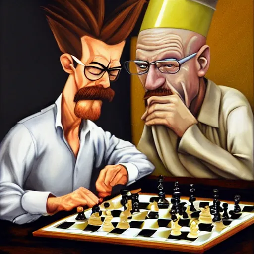Prompt: jimmy neutron and walter white playing chess smoking cigars, painted, realistic, oil on canvas