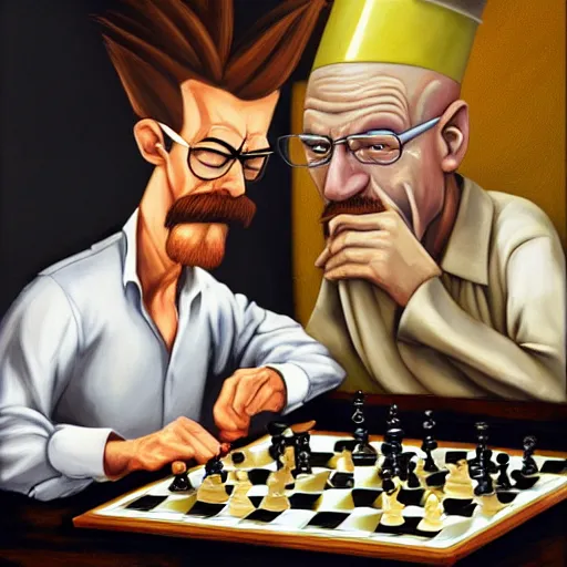 Hideo Kojima and Fred Dibnah sit down to play chess,, Stable Diffusion