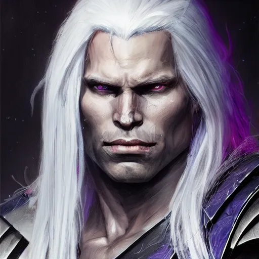 Image similar to realistic portrait of drizzt du orden by r. a. salvatore, dark elf with purple eyes and white hair, trending on artstation, dark gloomy cave background, low angle oil painting and composition laws, cinematic lighting, hyperdetailed, cgsociety, 8 k