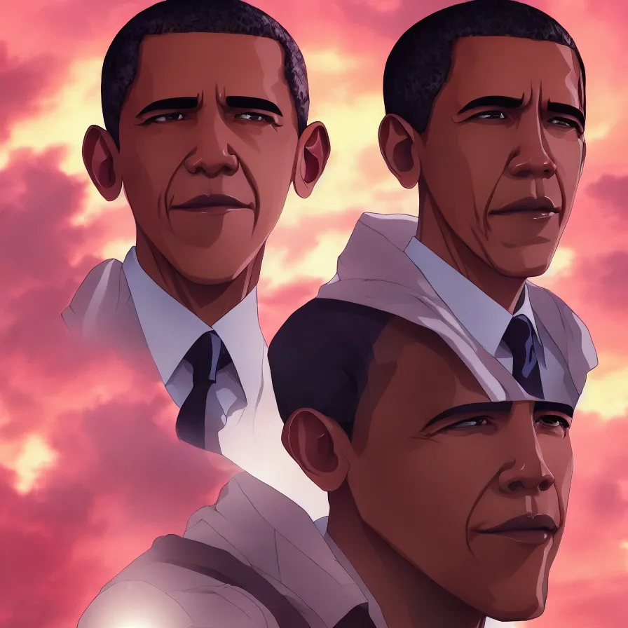 Image similar to barack obama as an anime protagonist, beautiful anime style, portrait, close - up, cinematic rim lighting, dramatic pose, beautiful sunset, professional, highly detailed, clear, sharp, smug expression, trending on artstation