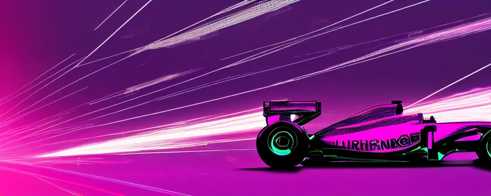 Image similar to abstract illustration of a formula one car, synthwave, purple and pink, motion blur, light streaks, octane render, depth of field