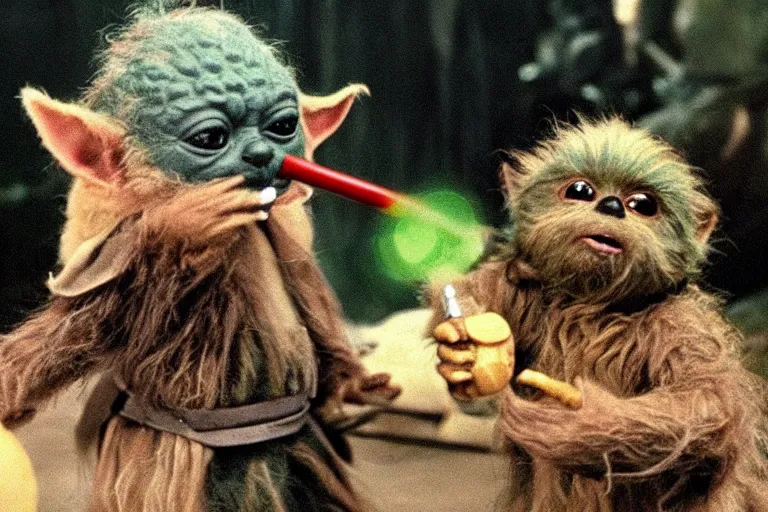 Image similar to furry yoda fighting a slimy ewok, still from star wars film 1 9 7 0