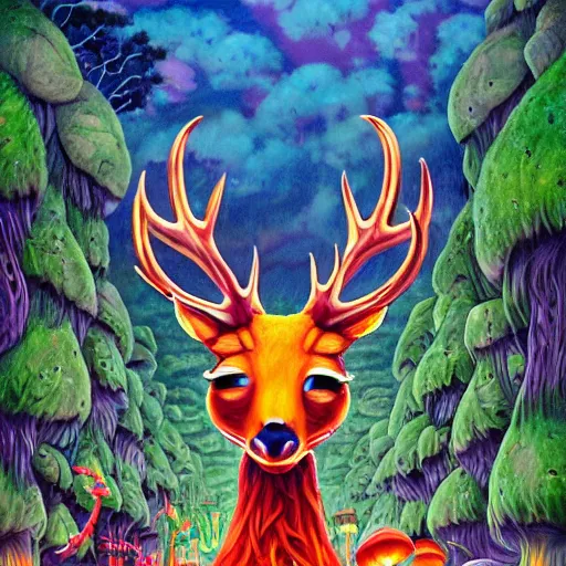 Image similar to 4 k headshot portrait of a psychedelic demonic anthropomorphic deer with mushroom themed clothes, magic mushroom village in background by jeff easley, award winning, stylized neon, post - processing, masterpiece, superb resolution. in the art style of junji ito and greg rutkowski. detailed mushroom city in background. hyper realistic anime. perfect art. dalle 2