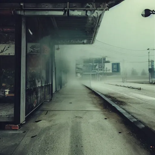 Image similar to highway restaurant with rustic architecture. cyberpunk style. apocalyptic style. photo. photorealistic. nebulous. fog.