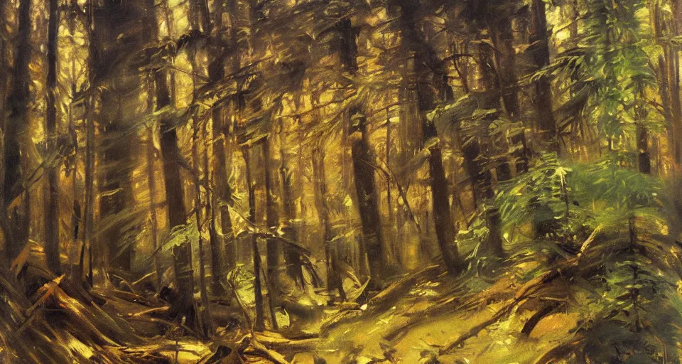 Image similar to dark forest, oil painting, vivid colors, brush strokes, elegant, highly detailed, by richard schmid and john singer sargent