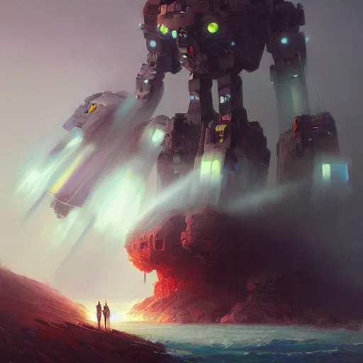 Image similar to a giant mech robot full detailed realistic atmosferic made by ivan aivazovsky, peter mohrbacher, greg rutkowski volumetric light effect broad light oil painting painting fantasy art style sci - fi art style realism premium prints available artwork unreal engine