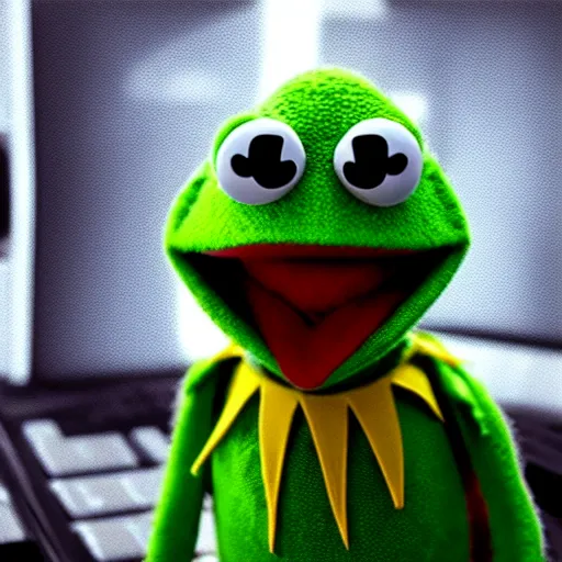 Prompt: Kermit the frog as a computer hacker, wearing a hoodie in a dim data center over a computer screen glowing, cyberpunk unreal 4k muppet digital art
