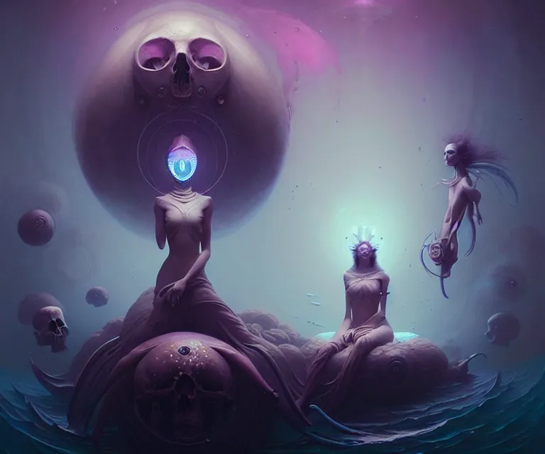 Image similar to shkkeled in the voied, by hr beeple and cgsociety. stunning goddess of speed charlie bowater and tom bagshaw, insanely detailed, artstation, space art. atoms surrounded by skulls and spirits deep under the sea, horror, sci - fi, surrealist painting, by peter mohrbacher anato finnstark