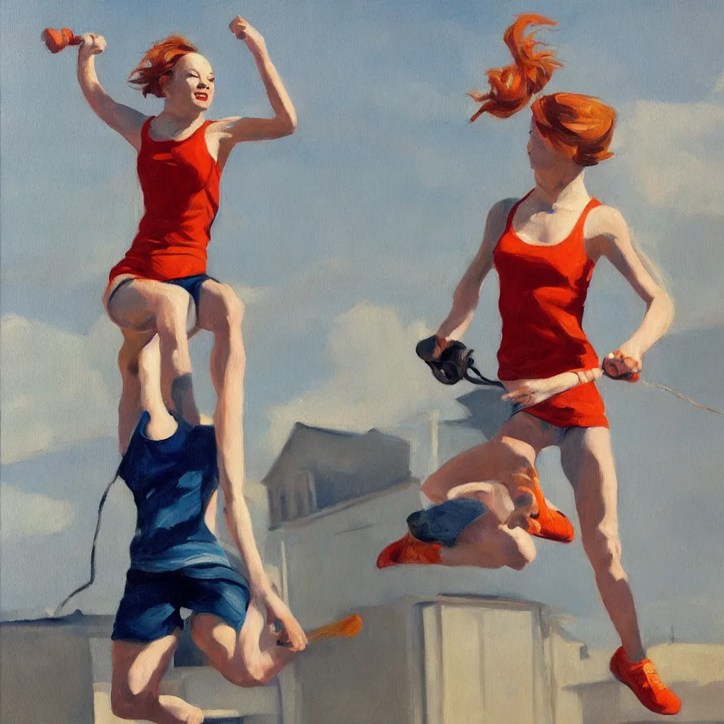 Prompt: oil painting of Tattoed Emma Stone jumping rope and wearing a white tank top in the style of Edward Hopper, predominant colors are red, white, gold and orange