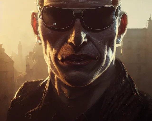 Image similar to highly detailed portrait of albert wesker, in dying light, stephen bliss, unreal engine, fantasy art by greg rutkowski, loish, rhads, ferdinand knab, makoto shinkai and lois van baarle, ilya kuvshinov, rossdraws, tom bagshaw, global illumination, radiant light, detailed and intricate environment